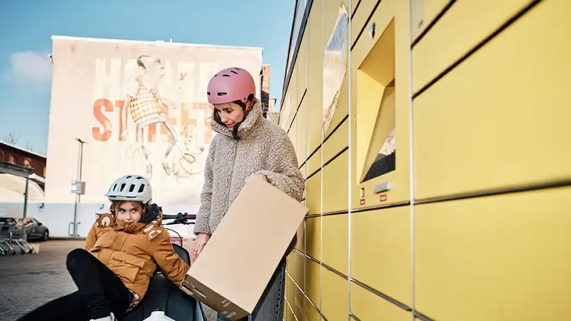 Frau mit Kind und Lastenrad holt Paket an Packstation ab
